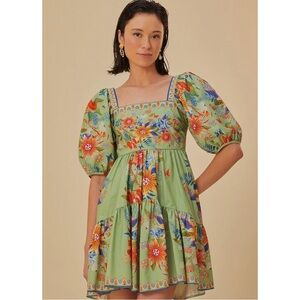 FARM Rio NWT bright yard Green Floral Puff-Sleeve Square-Neck Mini Dress